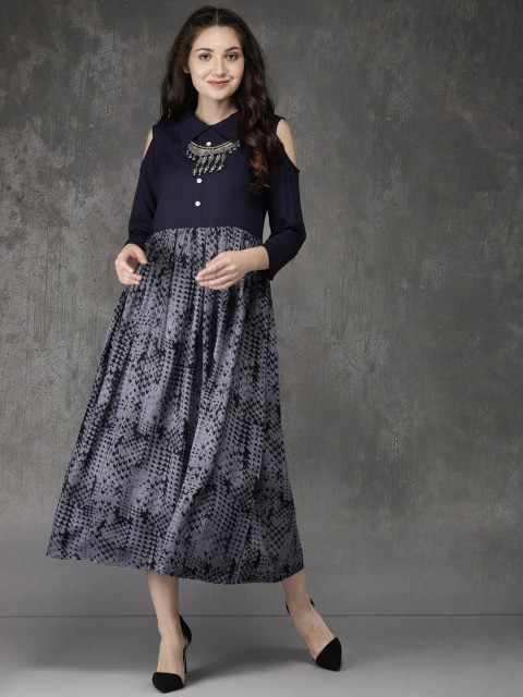 

Anouk Women Navy Blue Printed A-Line Cold-Shoulder Dress