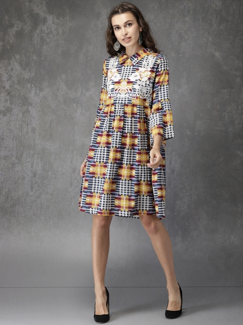 

Anouk Women Yellow & Navy Blue Checked Embroidered A-Line Kurta