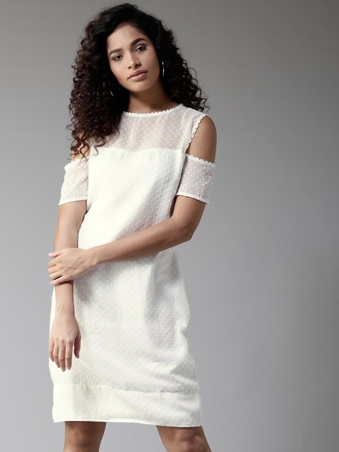 

HERE&NOW Women White Self Design Cold-Shoulder Sheath Dress