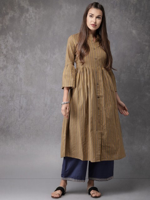 

Anouk Women Mustard Yellow & Grey Striped A-Line Kurta