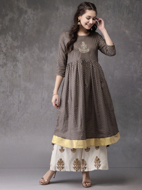 

Anouk Women Grey & Gold-Toned Printed A-Line Kurta