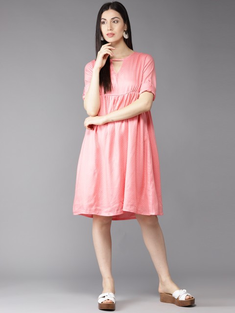 

HERE&NOW Women Pink Self-Design Fit & Flare Dress