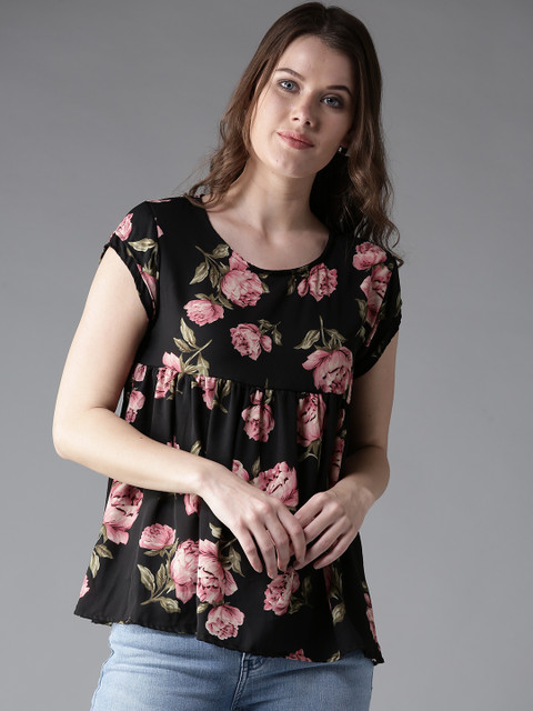 

HERE&NOW Women Black & Pink Floral Print A-Line Top
