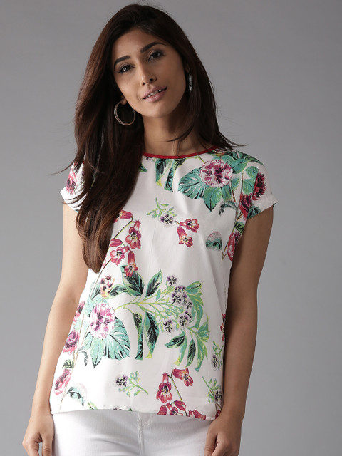 

HERE&NOW Women White & Green Floral Print Styled Back Top