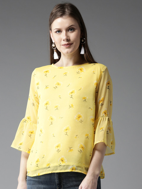 

HERE&NOW Women Yellow Printed Styled Back Top