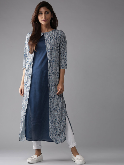 

HERE&NOW Women Navy & Off-White Printed Layered Straight Kurta, Navy blue