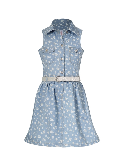 

naughty ninos Girls Blue Printed Fit and Flare Denim Dress