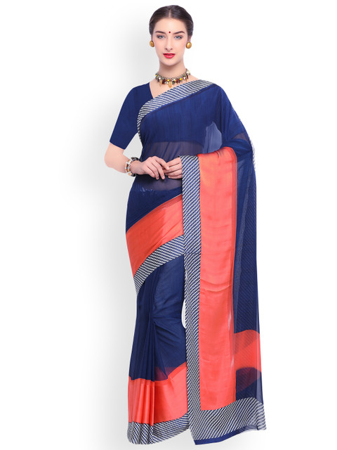 

Satrani Navy Blue & Pink Poly Georgette Printed Saree
