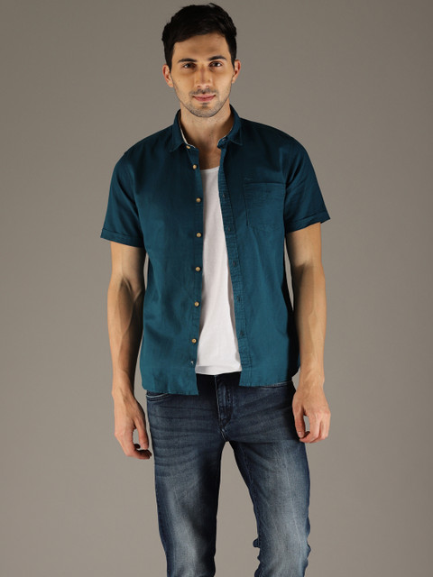 

Flying Machine Men Teal Blue Regular Fit Solid Casual Shirt