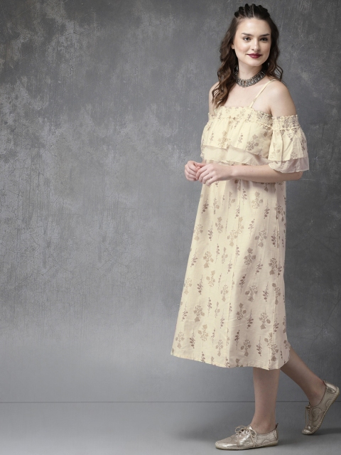 

Anouk Women Beige Printed A-Line Bardot Dress