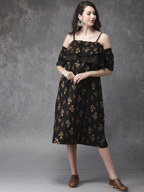

Anouk Women Black & Gold Printed A-Line Dress