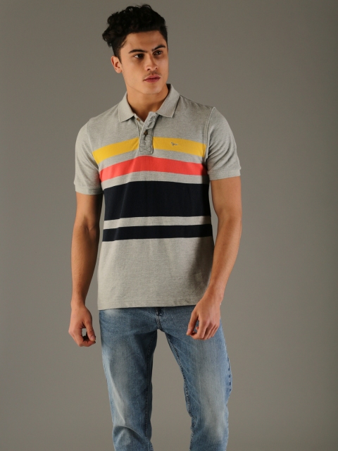 

Flying Machine Men Grey Striped Polo Collar T-shirt