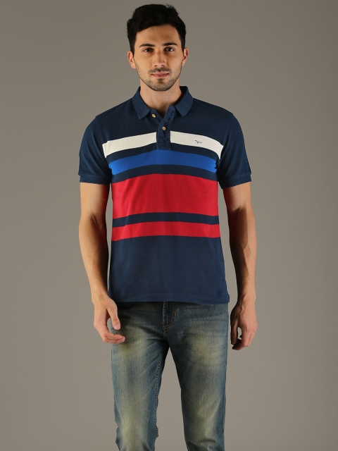 

Flying Machine Men Navy Blue Red Colourblocked Polo Pure Cotton T-shirt