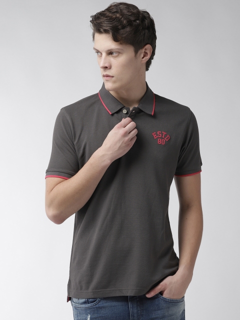 

Flying Machine Men Charcoal Grey Solid Polo Collar T-shirt