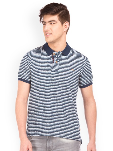 

Flying Machine Men Navy Blue Striped Polo Collar T-shirt