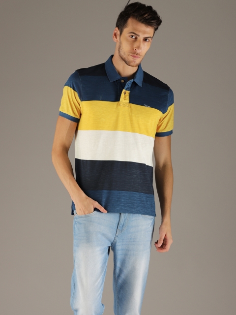 

Flying Machine Men Blue & Yellow Colourblocked Polo Collar T-shirt