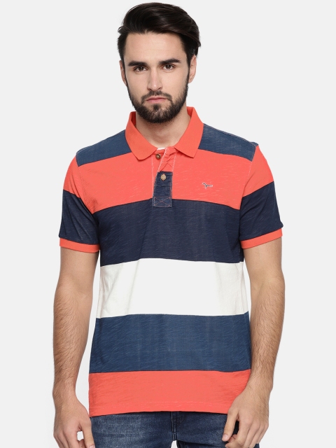 

Flying Machine Men Coral Pink & Blue Striped Polo Collar T-shirt