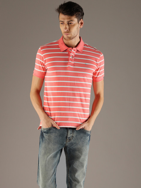 

Flying Machine Men Coral Pink & White Striped Polo Collar T-shirt