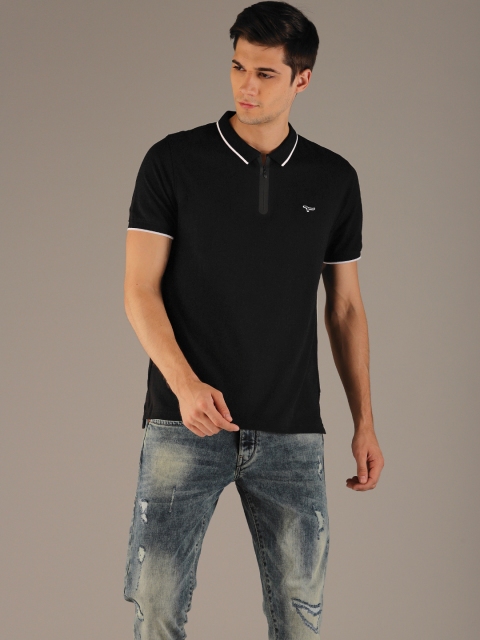 

Flying Machine Men Black Solid Polo Collar T-shirt