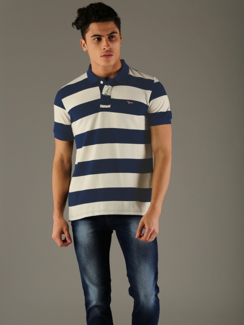 

Flying Machine Men White Striped Polo Collar T-shirt