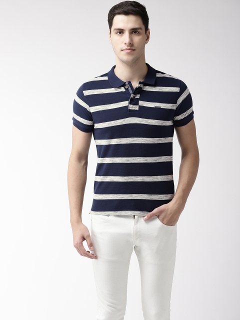 

Flying Machine Men Navy Blue & Grey Melange Striped Polo Collar T-shirt