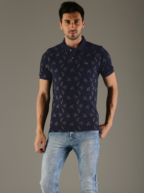 

Flying Machine Men Navy Self Design Polo Collar T-shirt, Navy blue