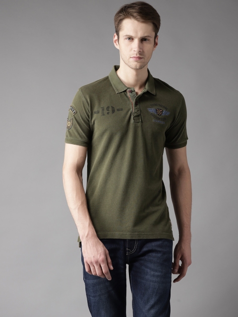 

Flying Machine Men Olive Green Solid Polo Collar Pure Cotton T-shirt