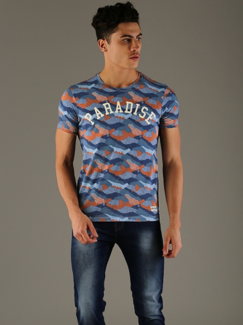 

Flying Machine Men Blue & Rust Red Printed Round Neck T-shirt