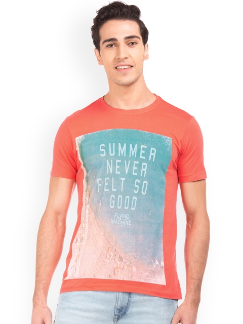 

Flying Machine Men Orange Printed Round Neck Pure Cotton T-shirt