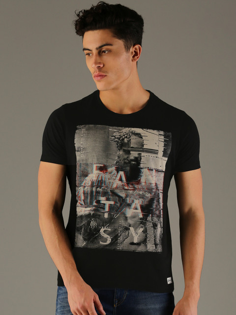 

Flying Machine Men Black Printed Round Neck Pure Cotton T-shirt