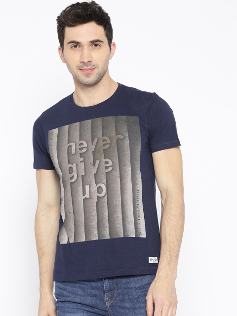 

Flying Machine Men Navy Blue & Taupe Printed Round Neck T-shirt