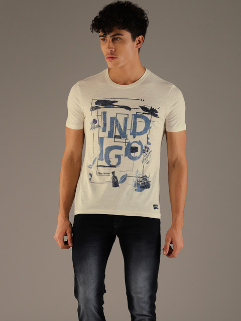 

Flying Machine Men Off-White Printed Round Neck Pure Cotton T-shirt