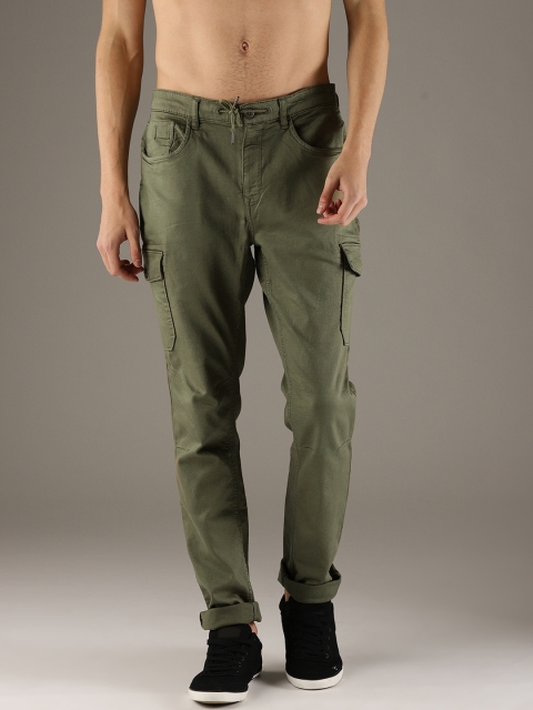 

Flying Machine Men Olive Green Regular Fit Solid Cargos