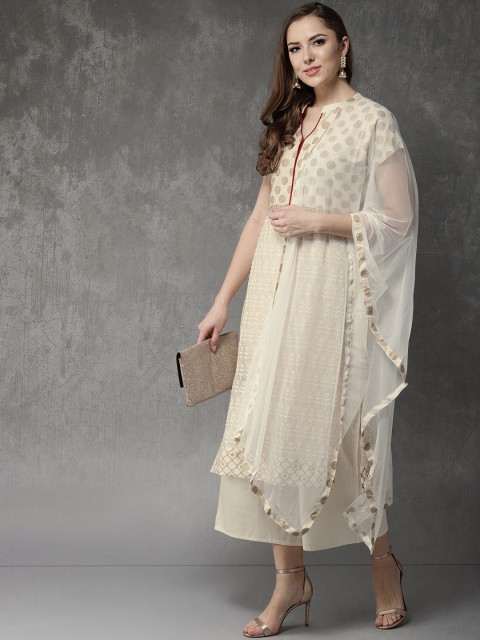

Anouk Women Cream-Coloured & Golden Embroidered Kurta with Palazzos & Dupatta