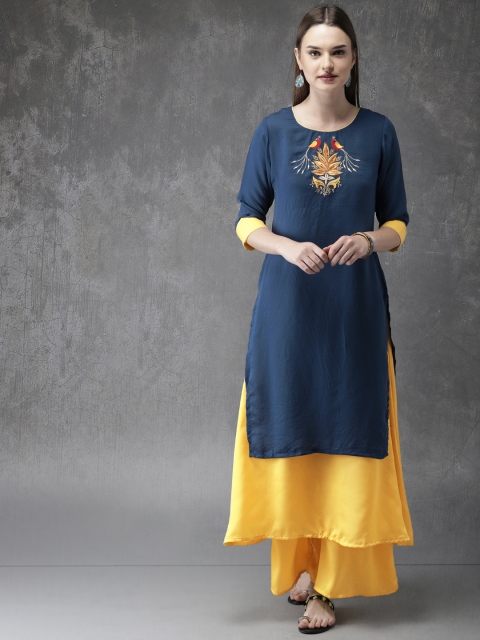 

Anouk Women Blue & Yellow Layered Yoke Design Kurta with Palazzos