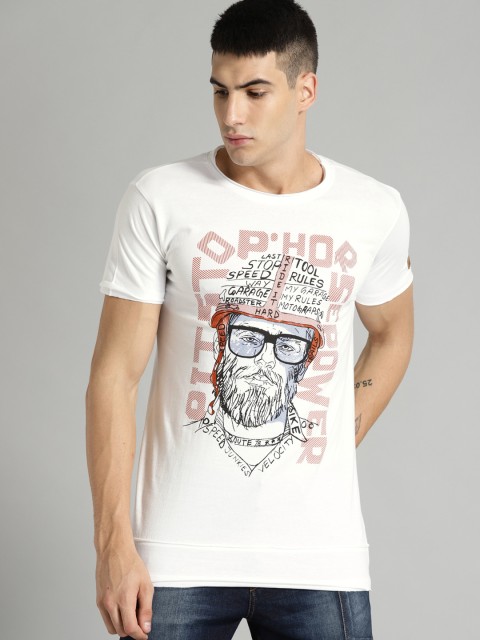 

Roadster Men White Printed Round Neck Pure Cotton T-shirt