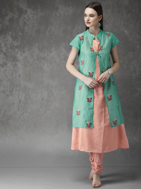 

Anouk Women Green & Pink Embroidered Layered Kurta with Churidar