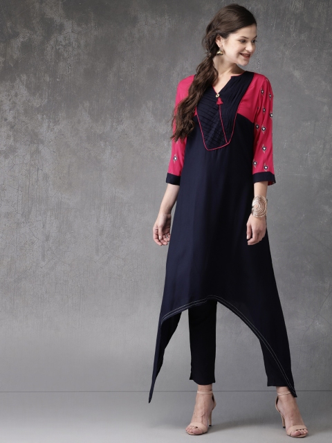 

Anouk Women Navy & Pink Solid Kurta with Trousers, Navy blue