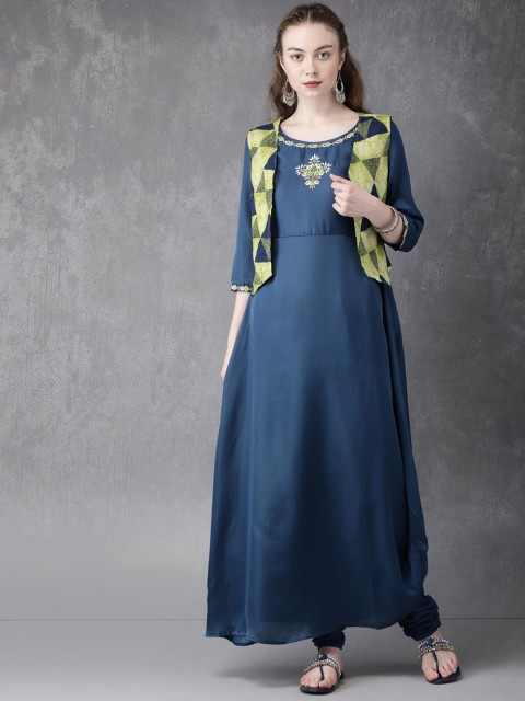 

Anouk Women Blue Embroidered Kurta with Churidar and Ethnic Jacket