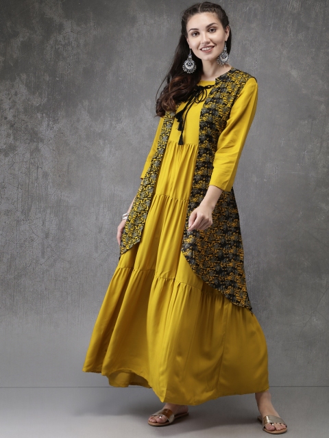 

Anouk Women Mustard Yellow Solid Tiered Kurta with Trousers & Printed Jacket