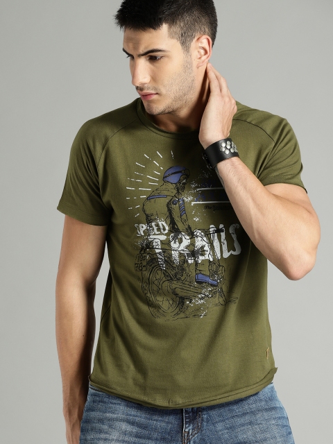 

Roadster Men Olive Green Printed Round Neck T-shirt