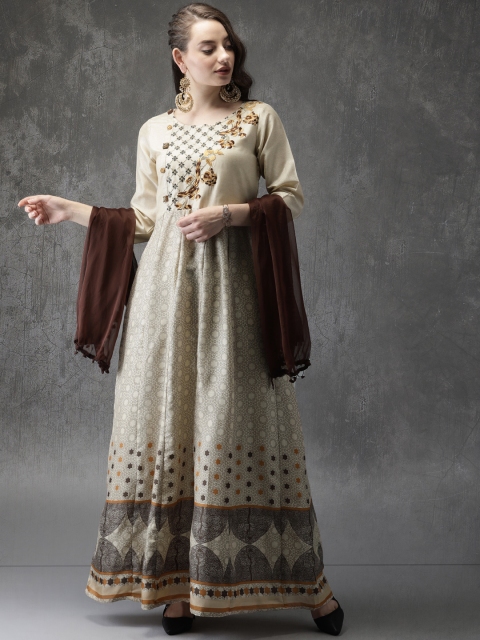 

Anouk Women Beige & Brown Printed Kurta with Trousers & Dupatta
