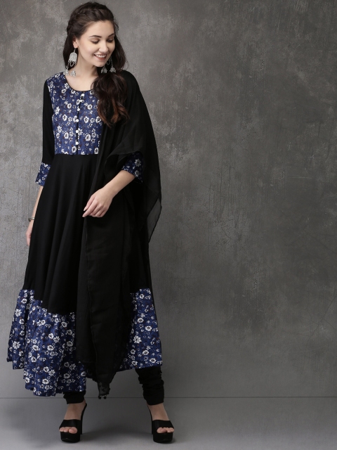 

Anouk Women Navy Blue & Black Printed Kurta with Churidar & Dupatta