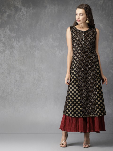 

Anouk Women Black & Gold-Toned Printed A-Line Kurta