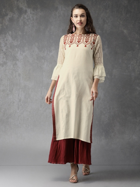 

Anouk Women Off-White Embroidered Yoke Design A-Line Kurta