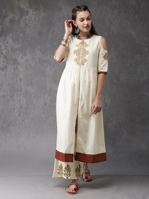 

Anouk Women Cream-Coloured Yoke Design Embroidered A-Line Kurta
