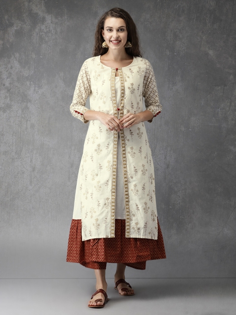 

Anouk Women Off-White & Maroon Printed A-Line Layered Kurta