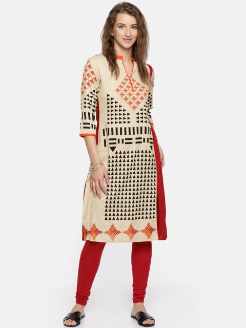 

Anouk Women Cream-Coloured & Red Printed A-Line Kurta