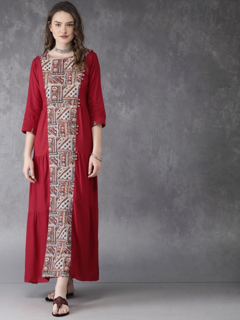 

Anouk Women Red & Beige Printed A-Line Dress