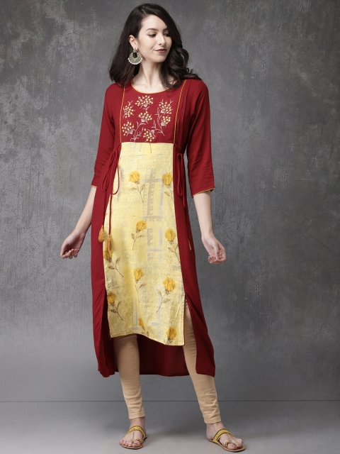 

Anouk Women Maroon & Beige Printed A-Line High-Low Hem Kurta